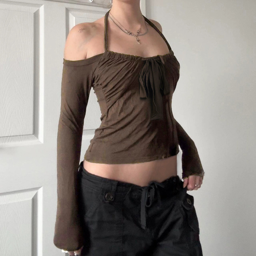 Zara Halter Tie Ruffle Long Sleeve Off Shoulder Slim Panel Tee
